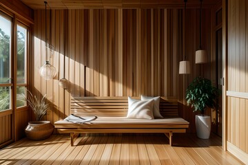 Fototapeta na wymiar A room where sunlight comes in through a window. Wooden walls, furniture, and interiors with sofas and beds. a simple interior. Generative AI