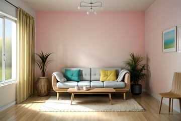 Room interior with flowerpot, pink wall and beige sofa. Generative AI