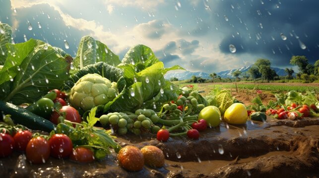 Farmer s field filled with fresh fruits vegetables and visible water droplets