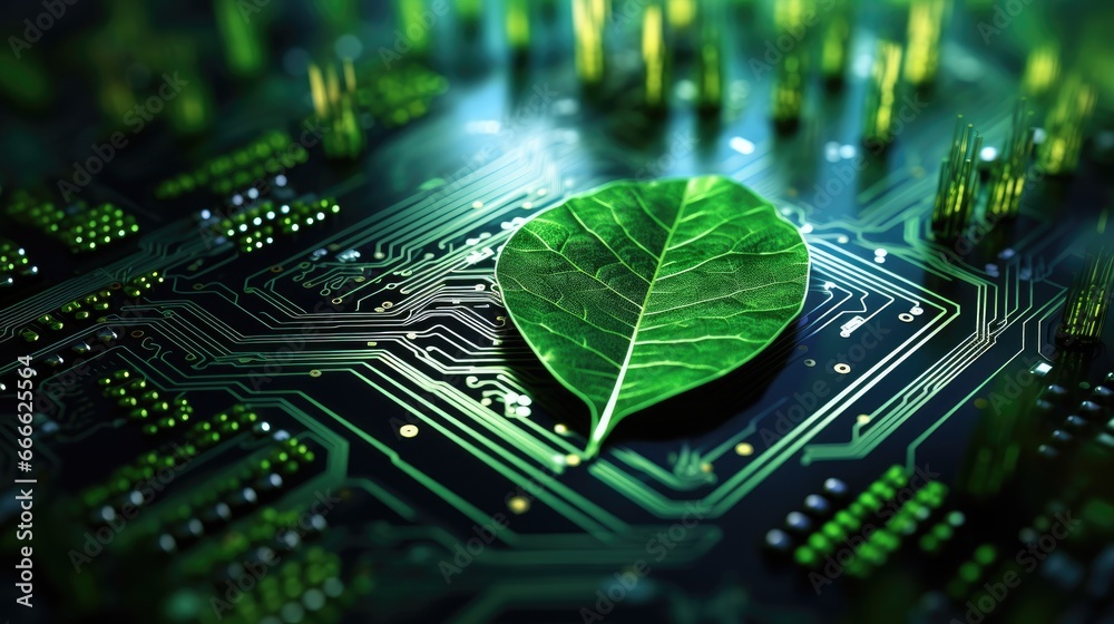 Poster Connecting nature and technology through green computing IT ethics and green technology on a computer circuit board
