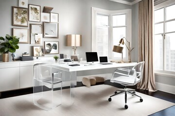 Home office space that is pearl. Modern vinyl desk chair and acrylic accent chairs