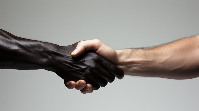 Close shot of two hands shaking hands. One of a black man and one of a white man on a plain gray background.