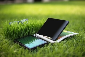 Eco-friendly office supplies and tablet on grass, business and environment concept. Generative AI