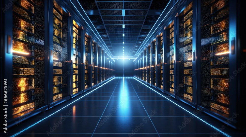 Poster dark room server racks in data technology center depicting internet of things big data storage crypt