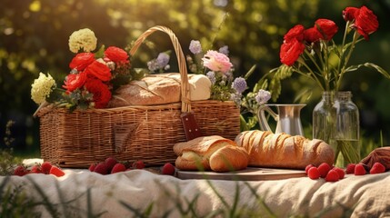 Enjoying a charming outdoor meal complete with a picnic basket filled with delicious treats...
