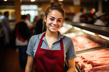 Confident Female Butcher at the Meat Counter Expertise and Friendly Service. created with Generative AI