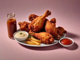 Fried chicken served with a range of international sauces and sides against a pastel background with space for text, background image, AI generated