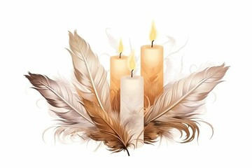 Feather pattern with candles and twigs for invitations, cards, posters, packaging, decorations. Stylish, modern on a white background. Generative AI
