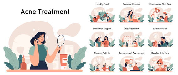 Acne treatment set. Dermatology and cosmetology diagnosis and care.