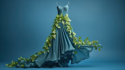 Eco friendly fashion dress made of green leaves on blue background