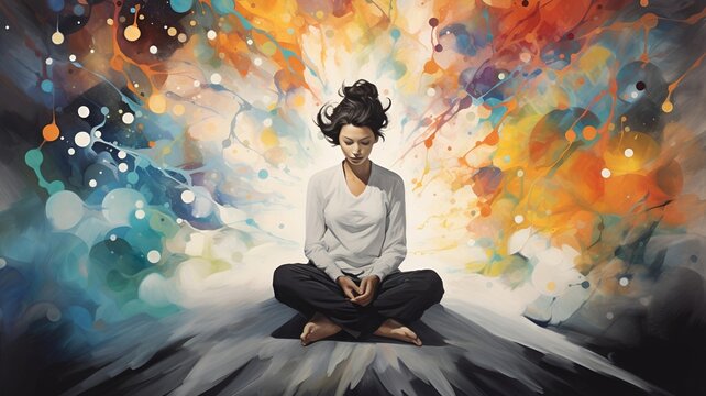 girl in Lotus Position Amid Swirling, Colorful Thought Bubbles Signifying Mental Complexity