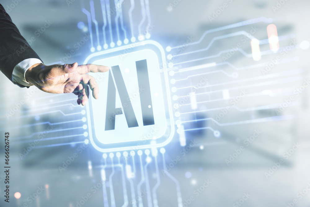 Poster double exposure of man hand presses on creative artificial intelligence icon on blurred office backg