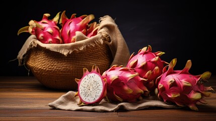 Dragon fruits in good health on a burlap and wooden backdrop