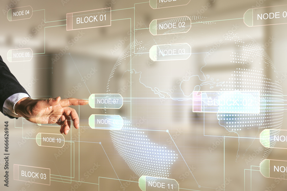 Poster male hand clicks on abstract virtual coding illustration and world map on blurred office background,