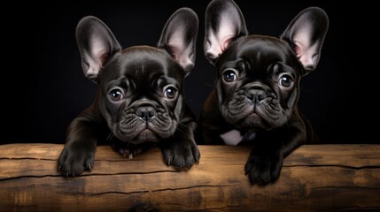 French bulldog puppies on black background with wood textured