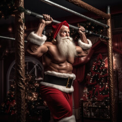 Photography Big muscular Santa Claus is pull up bar and exercise in preparation for sending gifts on Christmas Day.generative ai