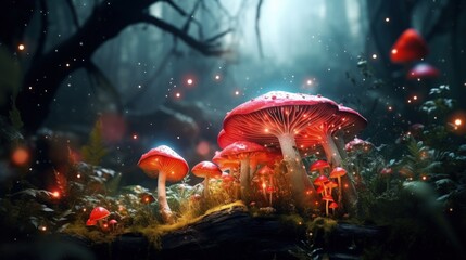 Glowing mushrooms and fantasy moss create a magical forest scene