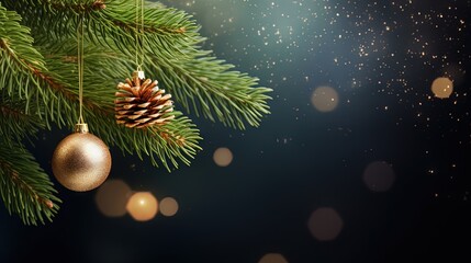 Obraz na płótnie Canvas Festive card with evergreen branch and ornaments on starry backdrop