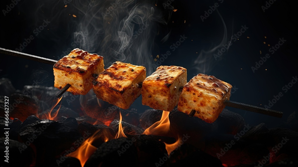 Poster grilled paneer cheese skewers against dark background
