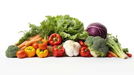 Fresh raw organic vegetables displayed on white background promoting healthy eating