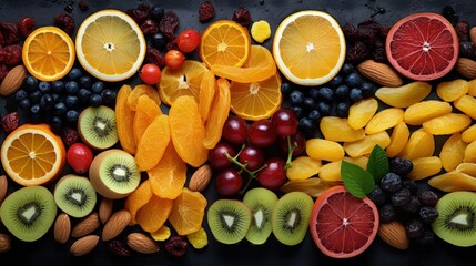 Dried fruits and berries on gray background view
