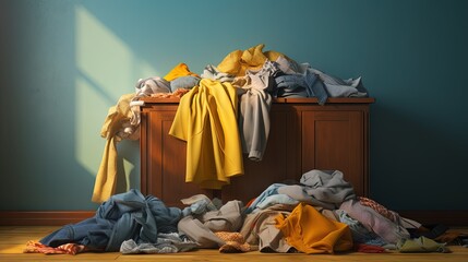 Dirty laundry stack in laundry room with space