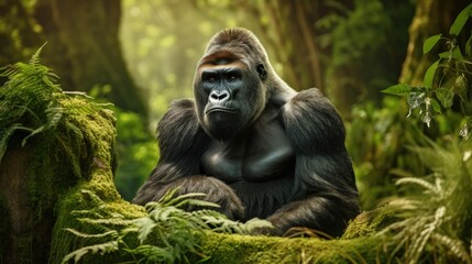 Fototapeta premium Gorilla in the forest of Mgahinga National Park Uganda photographed up close in its natural habitat in Africa surrounded by lush green vegetation