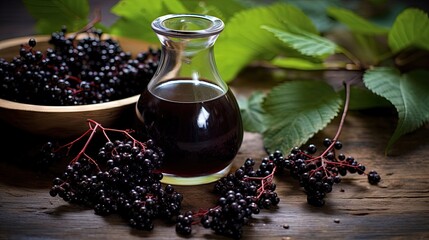 Elderberries syrup and leaves on wooden background alternative remedy healthy living - obrazy, fototapety, plakaty