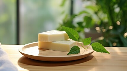 Eco friendly solid shampoo bar on wooden dish with green leaves and towel background minimizing waste