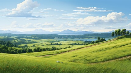 Green field and distant forest in summer landscape