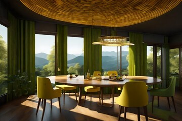 3d view , a luxury kithchen, dining table with four chairs of yellow and green color, with wodden...