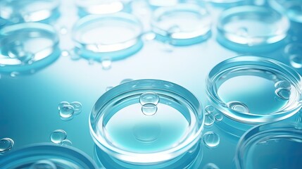Cosmetic research concept with serum on light blue petri dishes