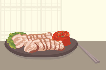 한국 음식 수육, 보쌈 일러스트, Korean traditional food boiled pork, bossam illustration