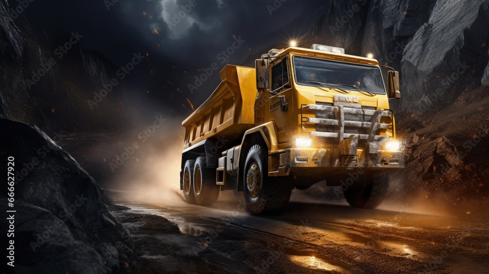 Poster Gold mining industry with open pit mines and large yellow trucks transporting gold on mining routes