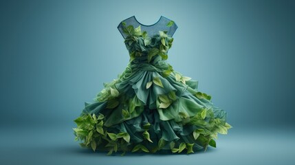 Eco friendly fashion dress made of green leaves on blue background - obrazy, fototapety, plakaty