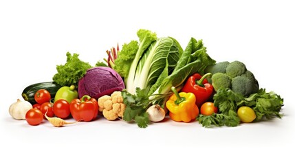 Fresh raw organic vegetables displayed on white background promoting healthy eating