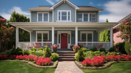 Fototapeta na wymiar Freshly painted North American home surrounded by summertime greenery
