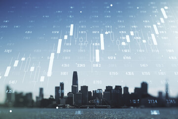 Double exposure of abstract creative statistics data hologram on San Francisco office buildings background, analytics and forecasting concept