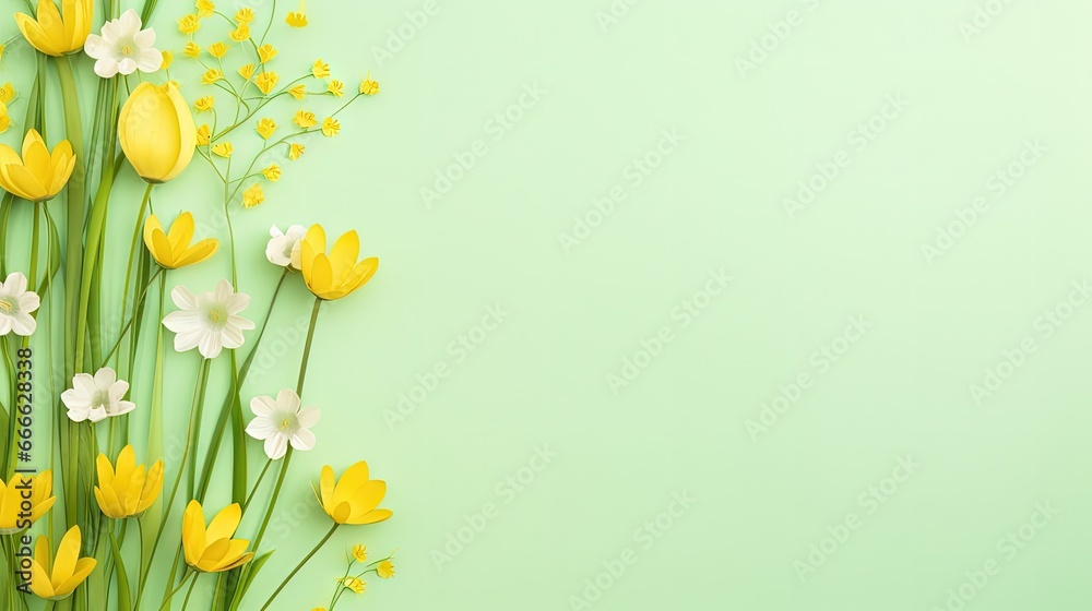 Poster green grass and yellow flowers on light green background minimal top view flat lay with top copy spa