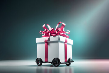 New Year present with big red bow on car wheels. Christmas gift and holiday package delivery concept.