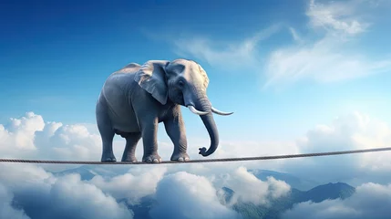Fotobehang Elephant walking on tightrope in surreal sky setting © vxnaghiyev