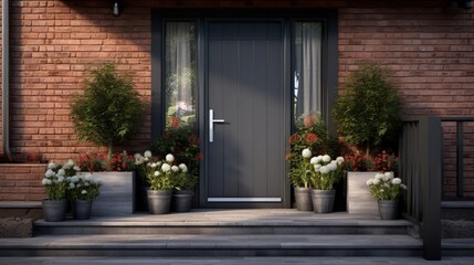 Grey modern garage door two large flower pots cascading flowers brown wooden stairs black panel door grey brick exterior wall