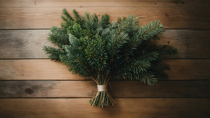 Winter bouquet made with pine tree branches on a wooden background. Vintage christmas aesthetic.