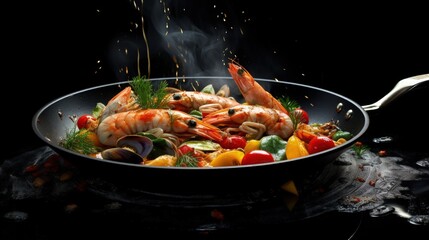 Floating assorted seafood in a pan on a black background Cooking seafood in a restaurant Hotel recipe book