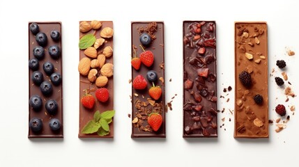 Fruity nutty chocolate bars on white backdrop - obrazy, fototapety, plakaty