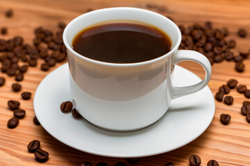 Cup of coffee and coffee beans on a wooden table.