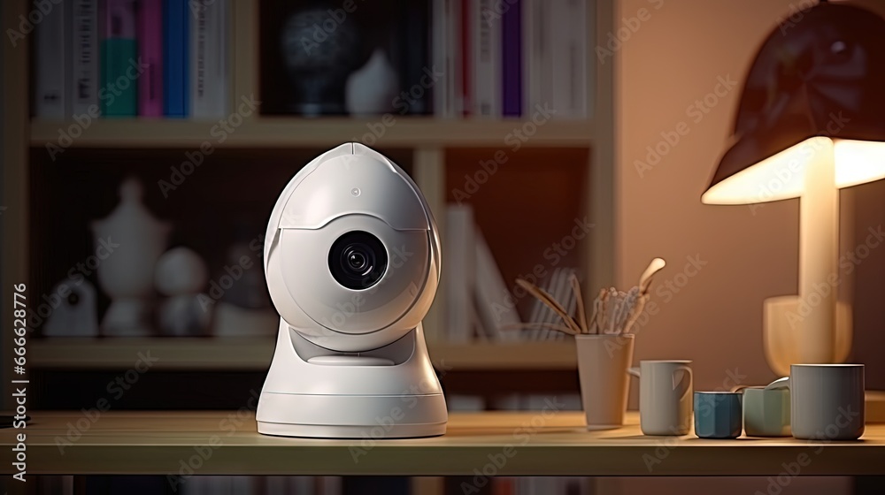 Poster Digital smart home security camera on table or shelf with copy space