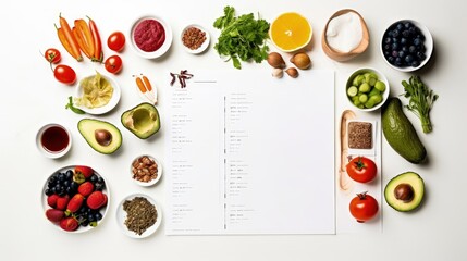 Diet plan and healthy food on table promoting healthy lifestyle and nutrition