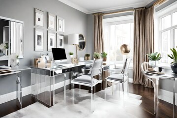Fototapeta na wymiar Home office space that is silver. Stylish velvet desk chair and acrylic accent chairs