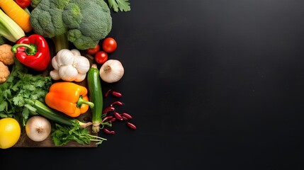 Fresh organic vegetables on black chalkboard with eco shopping bag top view